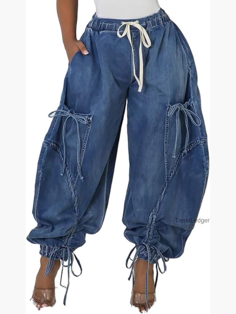 Baggy Cargo Jogger Jeans High Waisted Wide Leg Drawstring Y2k Loose Harem Denim